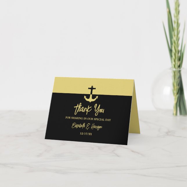 Carte De Remerciements Ancre nautique - Black Gold - Mariage plage (Devant)