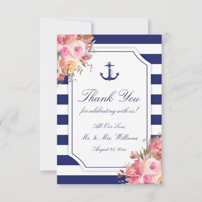 Carte De Remerciements Ancre nautique Floral Blue Stripe Mariage (Devant)