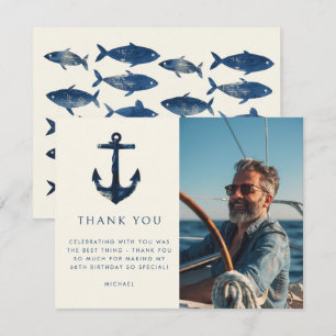 Carte De Remerciements Ancre Naútíque Moderne Photo Anniversaire Bleu Mar