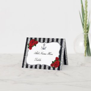 Carte De Remerciements Ancre nautique Silver Black Stripes Place Card