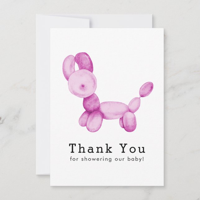 Carte De Remerciements Animal de ballon, rose, fille, baby shower (Devant)