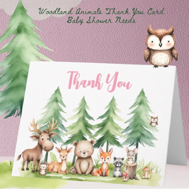 Carte De Remerciements Animaux de bois doux Baby shower rose (Créateur téléchargé)