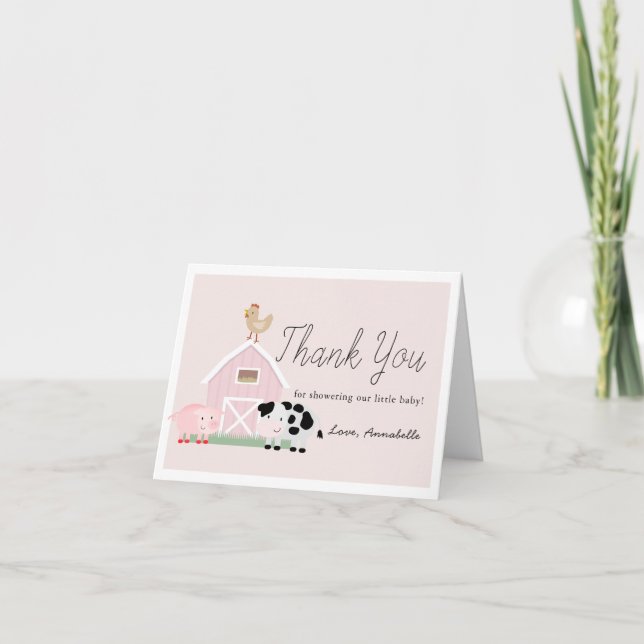 Carte De Remerciements Animaux de ferme Barnyard Baby shower fille rose (Devant)