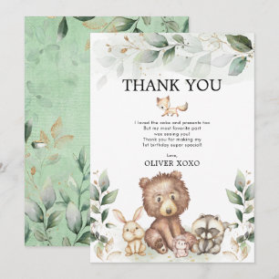 Carte De Remerciements Animaux de la forêt Wild One Greenery Gold Birthda