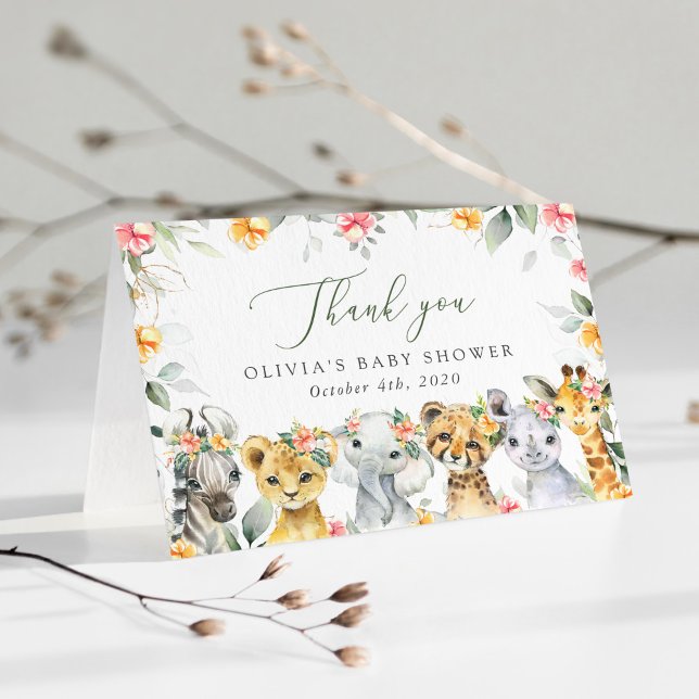 Carte De Remerciements Animaux de la jungle, Safari, Fleurs, Baby shower (Créateur téléchargé)