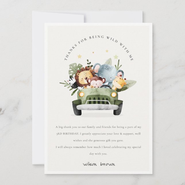 Carte De Remerciements Animaux de la jungle tropicale sauvage en voiture  (Devant)