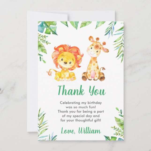 Carte De Remerciements Animaux de safari sauvage de la jungle Lion Garçon (Devant)