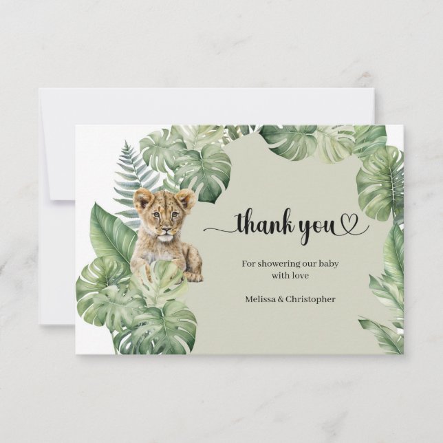 Carte De Remerciements Animaux Safari Baby shower de verdure tropicale (Devant)