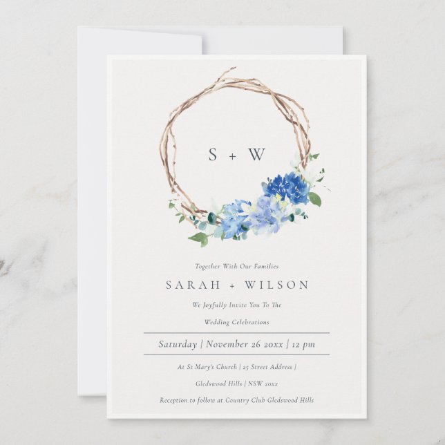 Carte De Remerciements Animé Blue Floral Wreath Monogramme Mariage Invite (Devant)