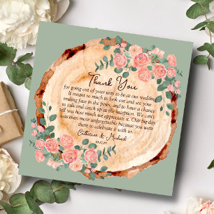 Carte De Remerciements Anneaux d'écorce en bois rustique Aquarelle rose R
