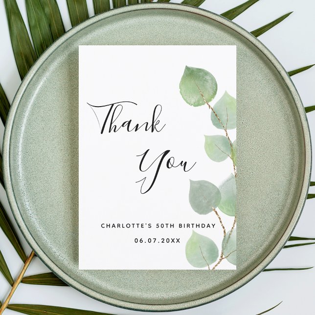 Carte De Remerciements Anniversaire 50 eucalyptus vert écriture moderne (Créateur téléchargé)