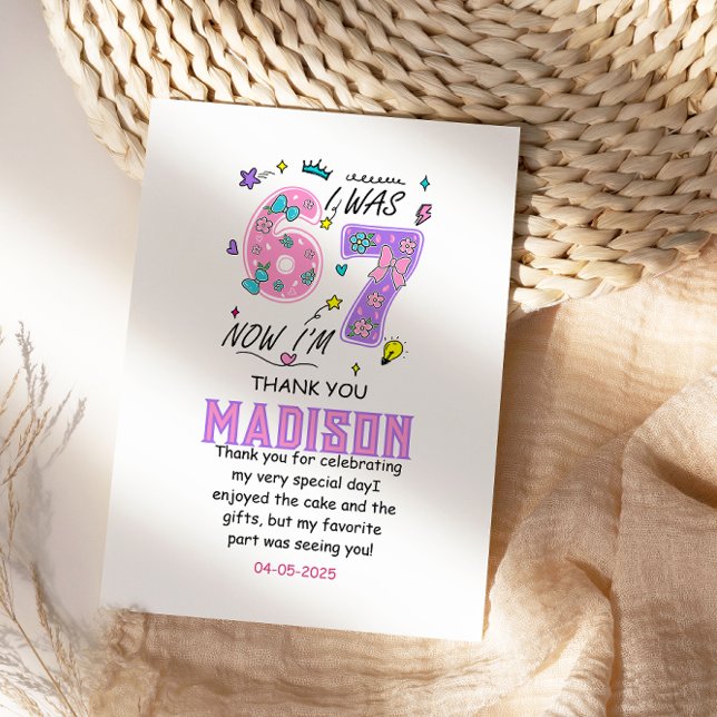 Carte De Remerciements Anniversaire 7 ans Arc-en-ciel | « J'avais 6 ans,  (Rainbow 7th Birthday | “I Was 6, Now 7” Party Thank You Card)