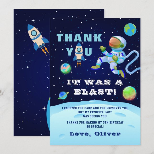 Carte De Remerciements Anniversaire Astronaute Bleu Terre Espace (Devant / Derrière)