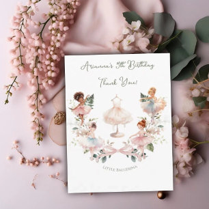 Carte De Remerciements Anniversaire Ballerine Aquarelle et Ruban Rose Fan