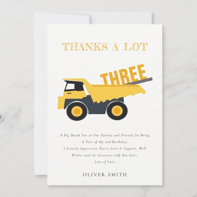 Carte De Remerciements Anniversaire camion de chantier mignon pour tout â (Devant)