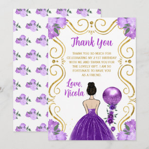 Carte De Remerciements Anniversaire Cheveux Bruns Princesse Violet Joyeux