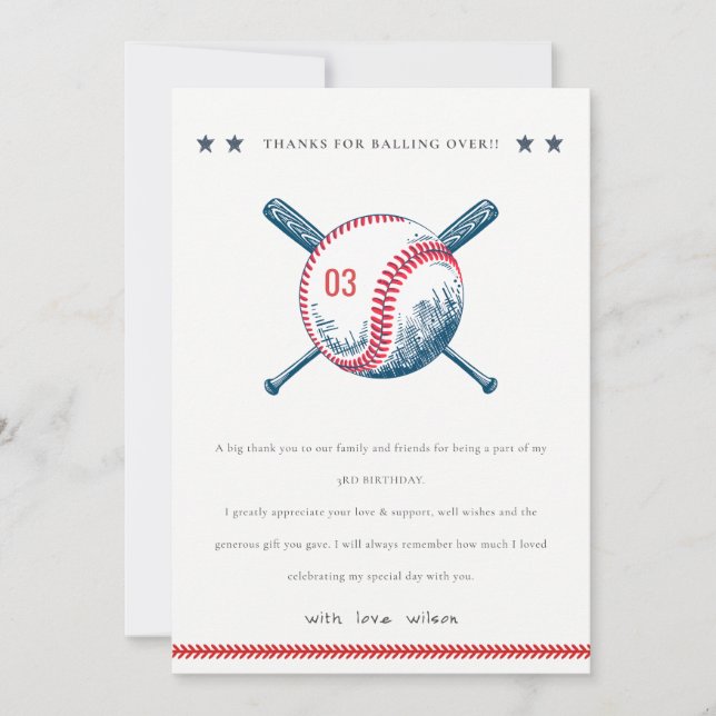 Carte De Remerciements Anniversaire de enfant de baseball rouge de la Mar (Devant)