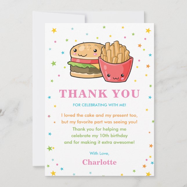 Carte De Remerciements Anniversaire de Kawaii Cute, Fille du Burger Party (Devant)