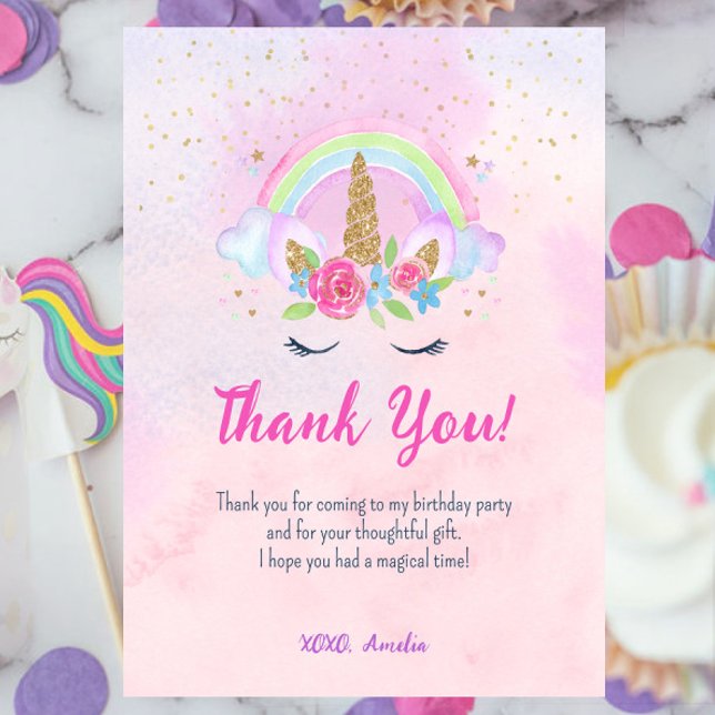 Carte De Remerciements Anniversaire de la licorne arc-en-ciel magique (Pink Magical Unicorn Rainbow Birthday Thank You Card)