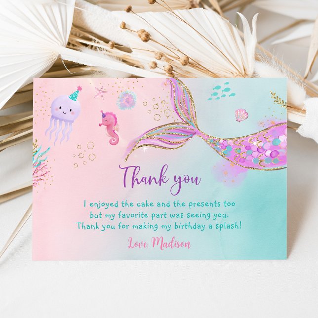 Carte De Remerciements Anniversaire de la sirène rose pourpre (Créateur téléchargé)