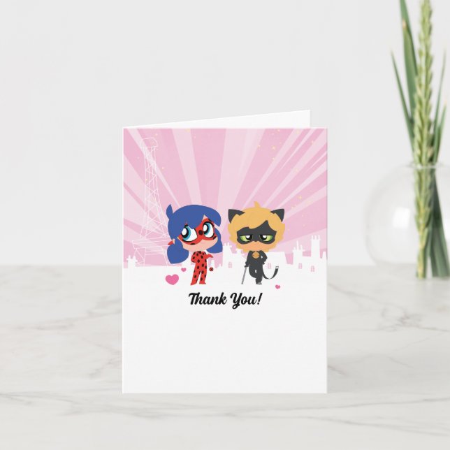 Carte De Remerciements Anniversaire de Ladybug et de Cat Noir Chibi (Devant)