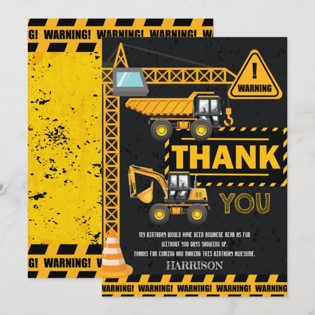 Carte De Remerciements Anniversaire de l'excavatrice en construction (Devant / Derrière)