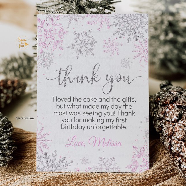 Carte De Remerciements Anniversaire de l'Onederland d'hiver (Winter ONEderland birthday thank you card, snowflake thank you card, winter wonderland party thank y)