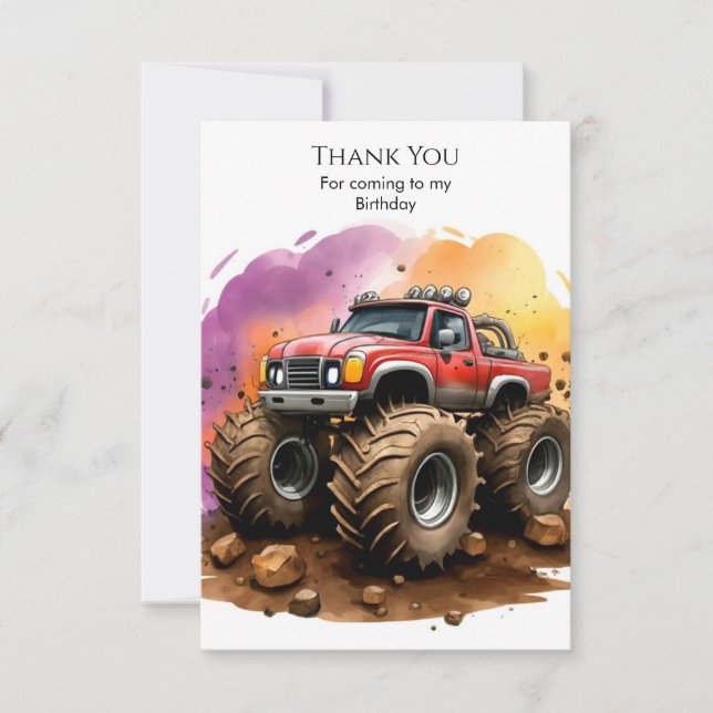 Carte De Remerciements Anniversaire du Camion Monstre à Aquarelle pour En (Devant)