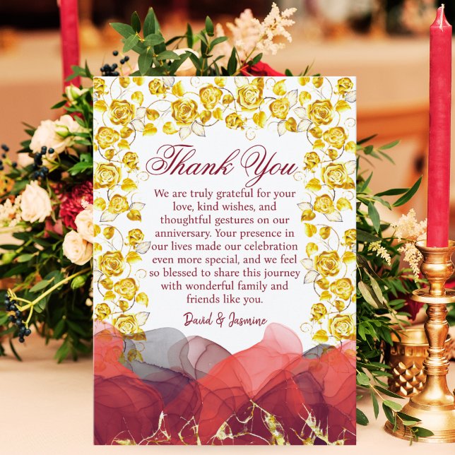 Carte De Remerciements Anniversaire du Mariage du Foral Gold & Burgundy (Créateur téléchargé)