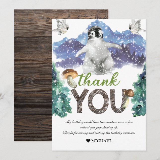 Carte De Remerciements Anniversaire du Penguin Hiver (Devant / Derrière)