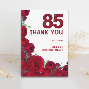 Carte De Remerciements Anniversaire élégant 85 ans Fleurs rouges numéro 8