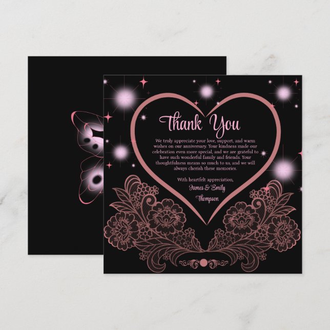 Carte De Remerciements Anniversaire élégant du Mariage rose et noir (Devant / Derrière)
