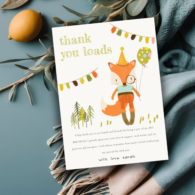 Carte De Remerciements Anniversaire Enfant Renard Fête Bois Élégant Migno (Créateur téléchargé)