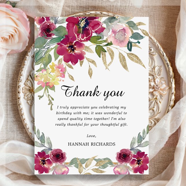 Carte De Remerciements Anniversaire floral d'or rose de Bourgogne (Créateur téléchargé)