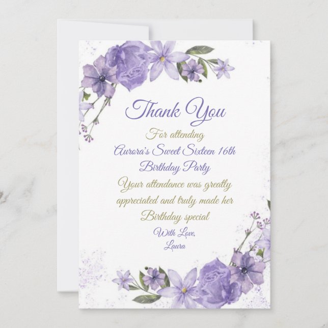 Carte De Remerciements Anniversaire floral pourpre (Devant)