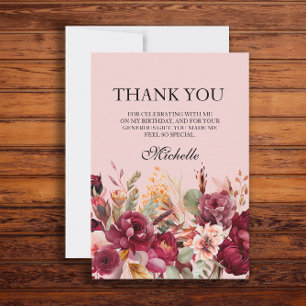 Carte De Remerciements Anniversaire floral rose de Bourgogne