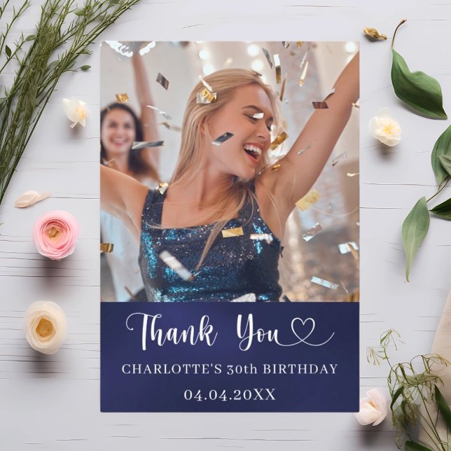 Carte De Remerciements Anniversaire marine bleu blanc photo coeur (Créateur téléchargé)