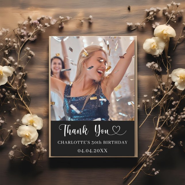 Carte De Remerciements Anniversaire noir blanc photo coeur (Créateur téléchargé)