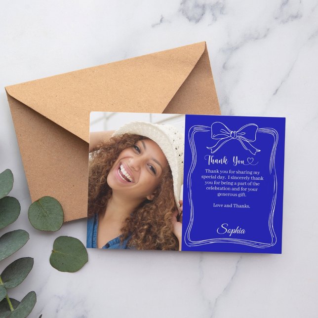 Carte De Remerciements Anniversaire photo manuscrite arc bleu royal (Créateur téléchargé)