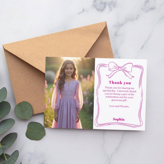 Carte De Remerciements Anniversaire rose photo fille arc blanc (Créateur téléchargé)
