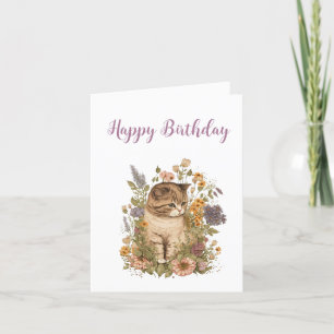 Carte De Remerciements Anniversaire. Tabby Kitten avec Fleurs.