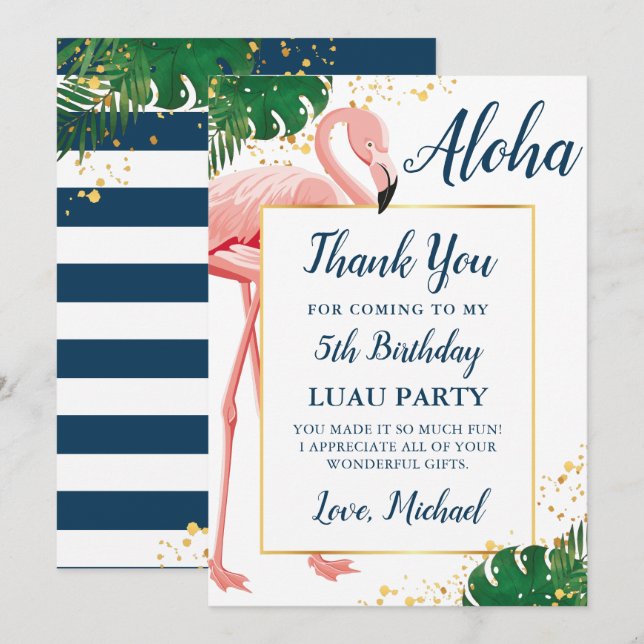Carte De Remerciements Anniversaire Tropical Bleu Or Flamingo Aloha (Devant / Derrière)