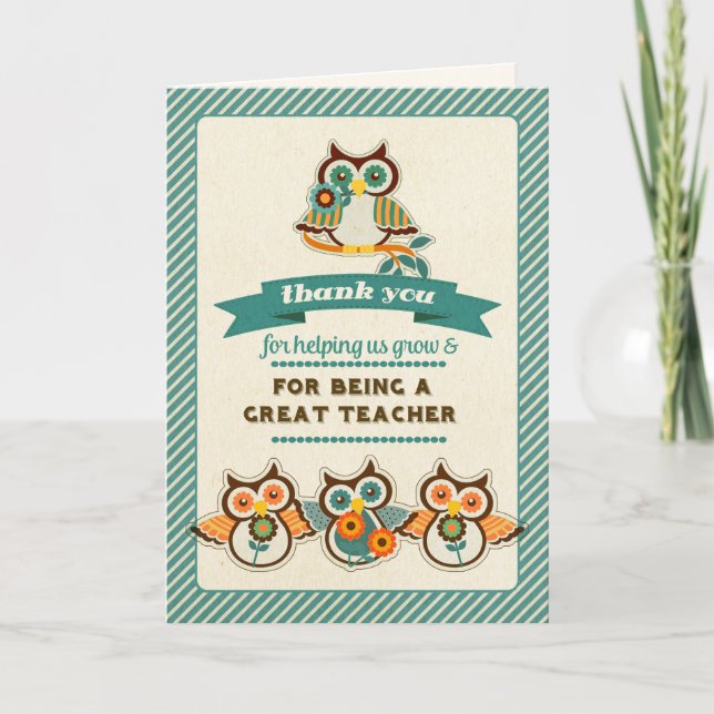 Carte De Remerciements Appréciation de l'enseignant de Cute Owls (Devant)