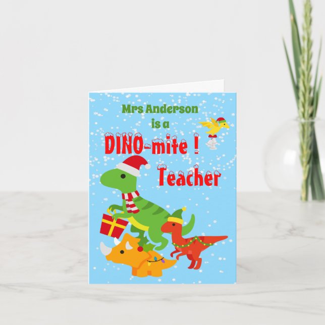 Carte De Remerciements Appréciation de l'enseignant de Noël Enfants Dinos (Devant)