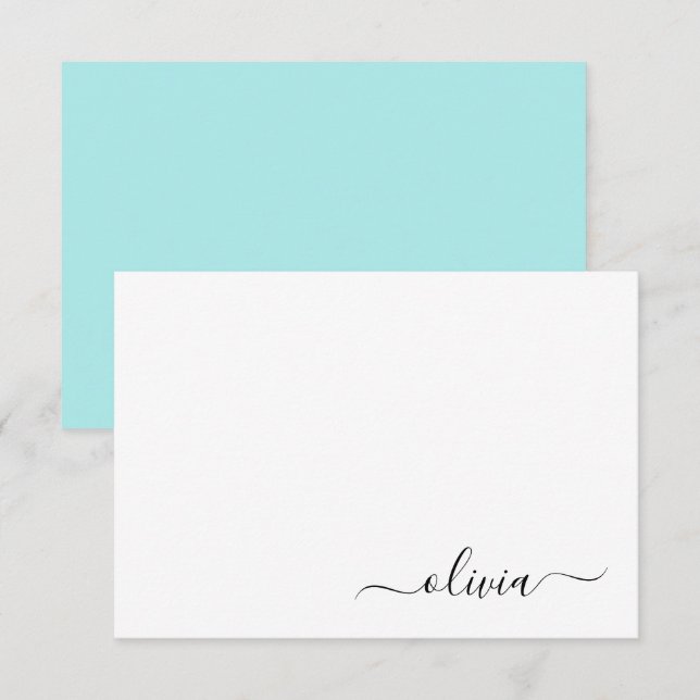 Carte De Remerciements Aqua Blue Turquoise Moderne Script Girl Monogramme (Devant / Derrière)