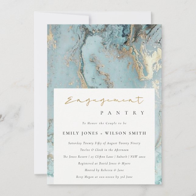 CARTE DE REMERCIEMENTS AQUA DUSKY BLUE GOLD AGATE COUPLES DOUCHE INVITATI (Devant)