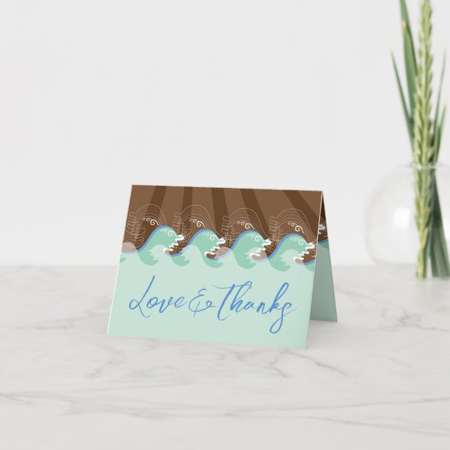 Carte De Remerciements Aqua Summer Waves Et Brown Sun Beach Wedding (Devant)