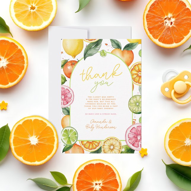 Carte De Remerciements Aquarelle Agrumes Baby shower de fruits (Citrus Fruit Baby Shower Thank You)