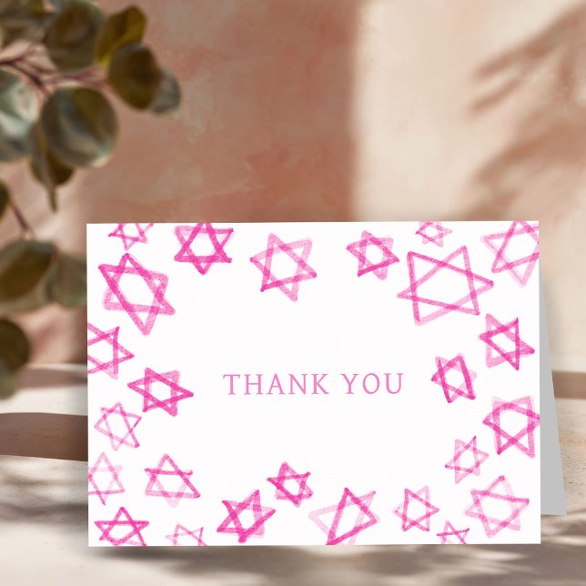 Carte De Remerciements Aquarelle amusante rose étoile de David Bar Bat mi (Watercolor Fun Pink Star of David Bar Bat Mitzvah Jewish Thank You Card
)