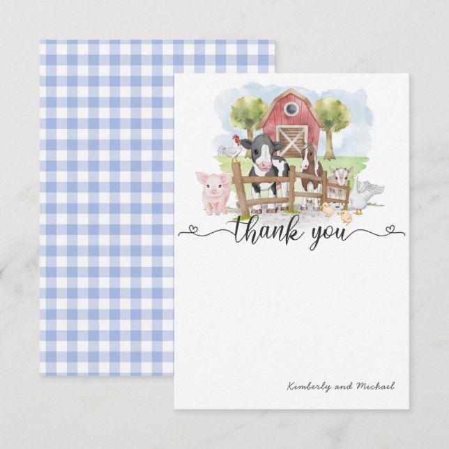 Carte De Remerciements Aquarelle Animaux de ferme Anniversaire | BABY SHO (Devant / Derrière)